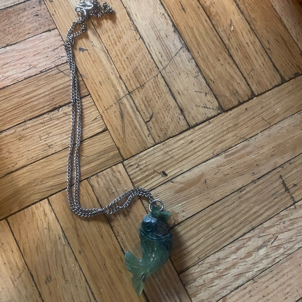 Silver Chain with Green real caved jade Fish Pendant